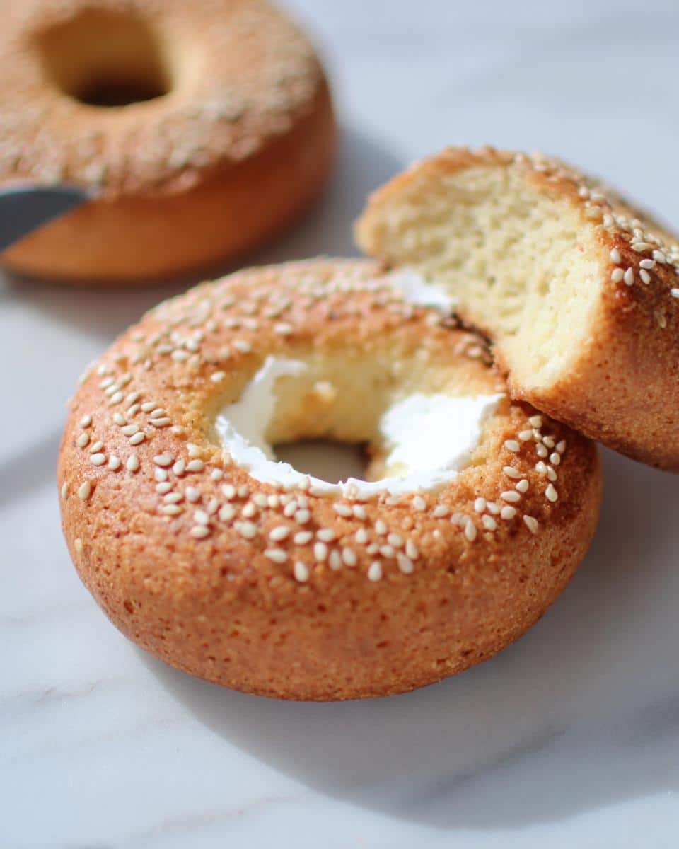 A close-up of a Keto Coconut Flour Bagel sliced open and filled with cream cheese, topped with sesame seeds.