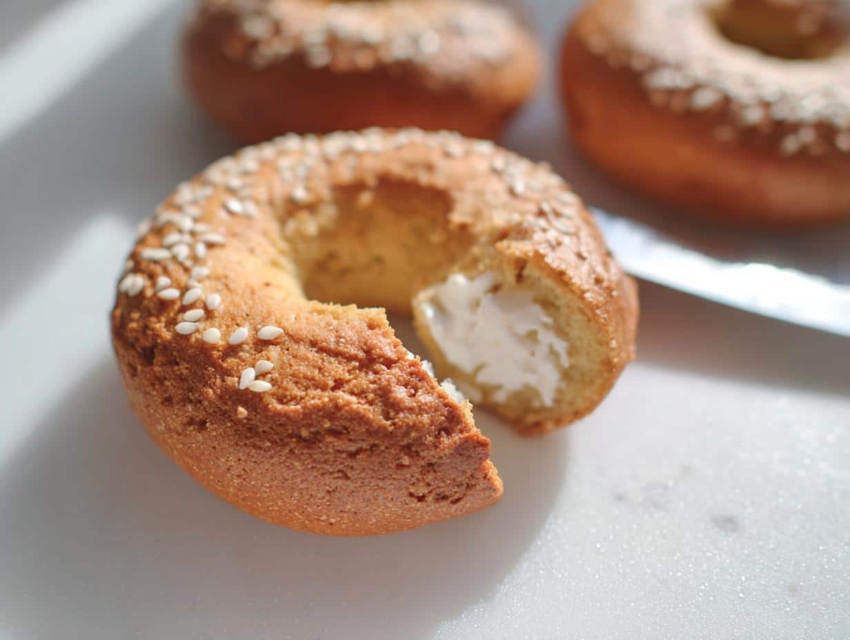 A close-up of a Keto Coconut Flour Bagel sliced open and spread with cream cheese, topped with sesame seeds.