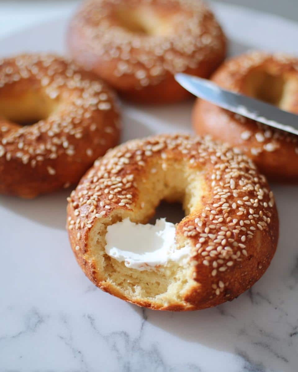 Close-up of a sesame seed Keto Coconut Flour Bagel sliced open and spread with cream cheese on a marble surface.