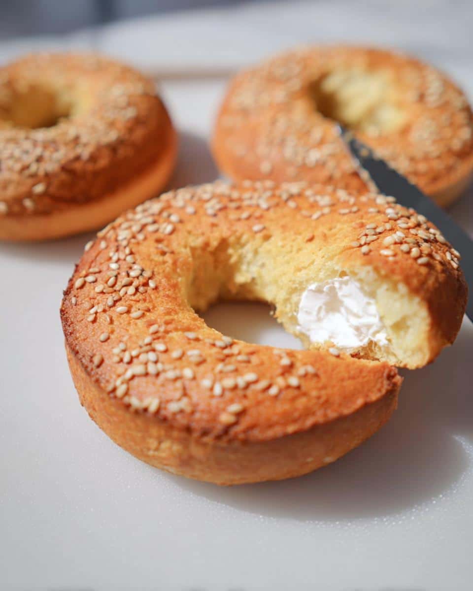 Close-up of a sesame seed Keto Coconut Flour Bagel, partially eaten and filled with cream cheese.