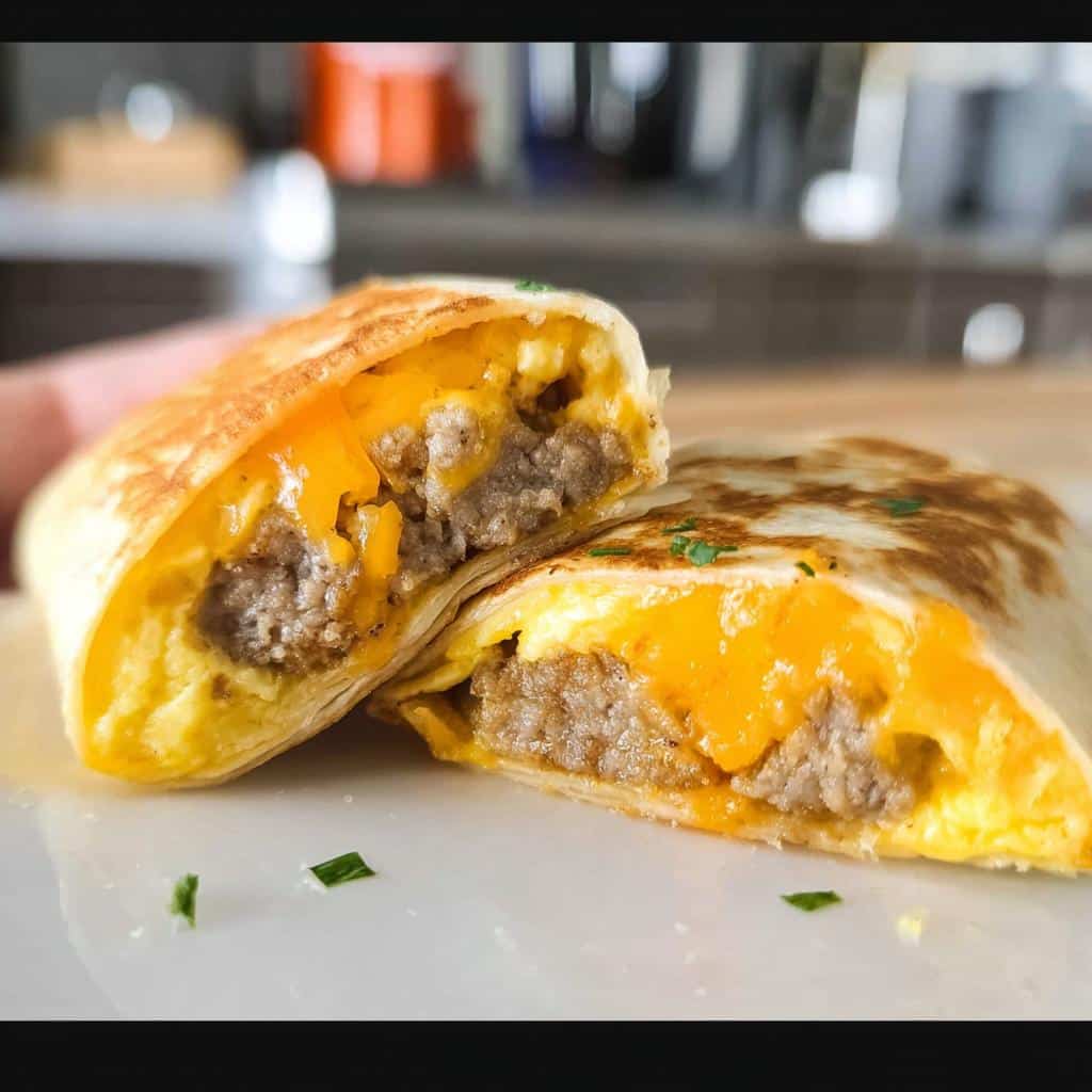 Close-up of a Keto Egg & Cheese Breakfast Wrap cut in half, showing melted cheese, scrambled eggs, and sausage filling.
