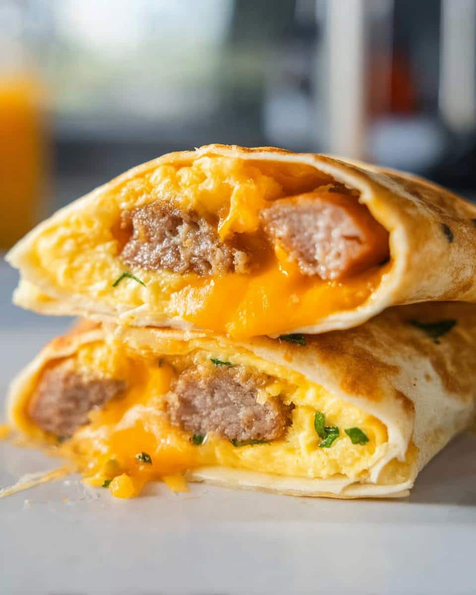 Close-up of a Keto Egg & Cheese Breakfast Wrap cut in half, showing sausage, scrambled eggs, and melted cheddar cheese.