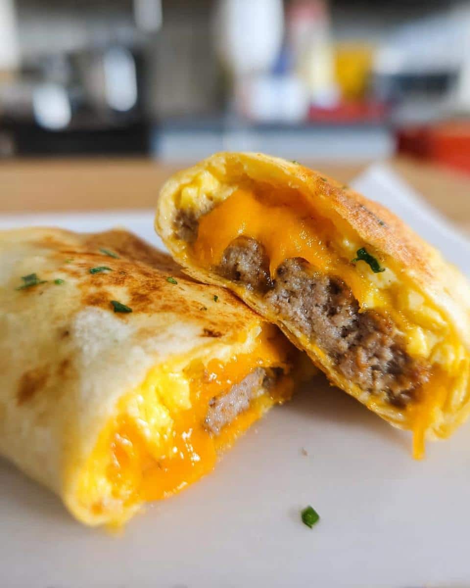 Close-up of a Keto Egg & Cheese Breakfast Wrap cut in half, showing melted cheese, egg, and sausage filling.