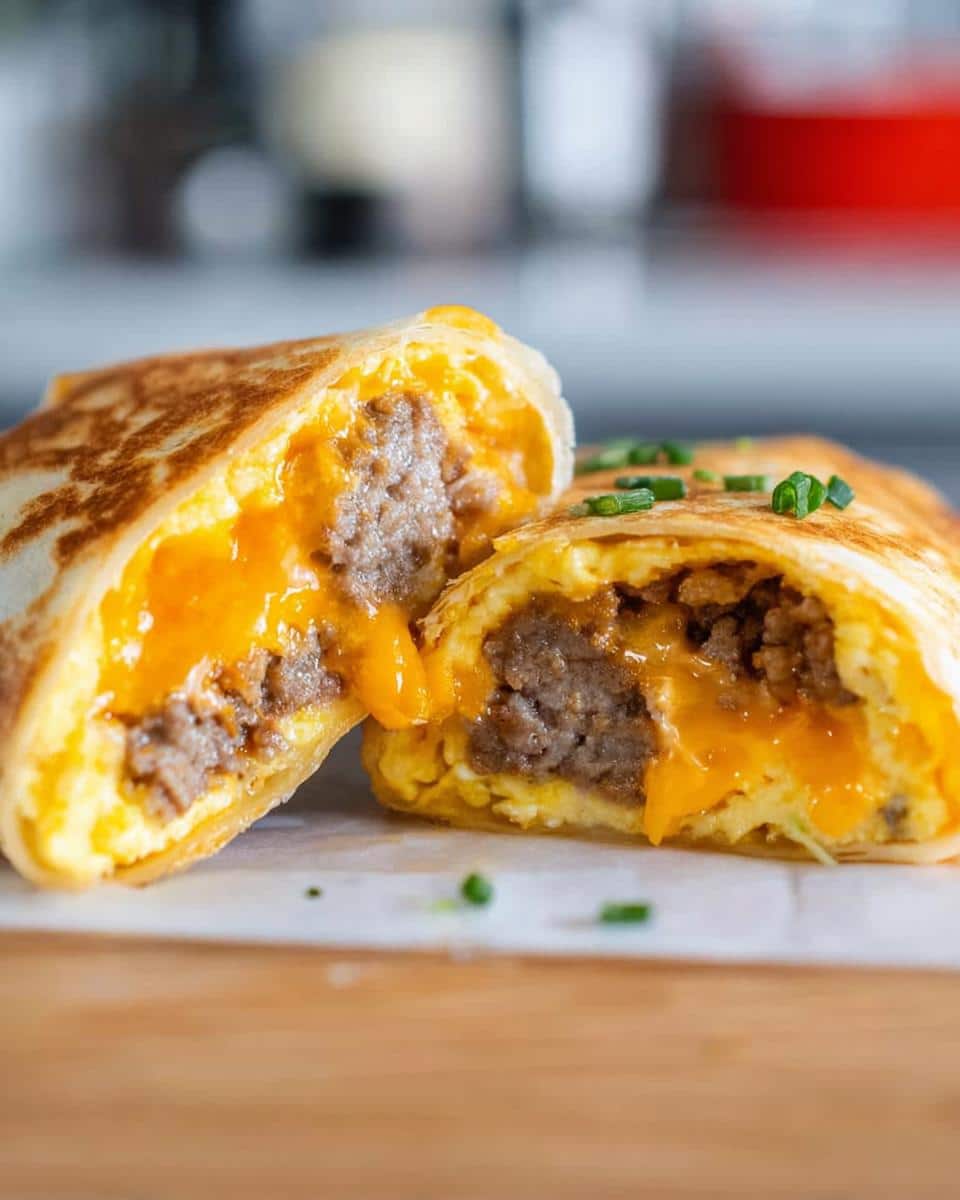 Cross-section of a Keto Egg & Cheese Breakfast Wrap showing sausage, melted cheese, and egg filling.