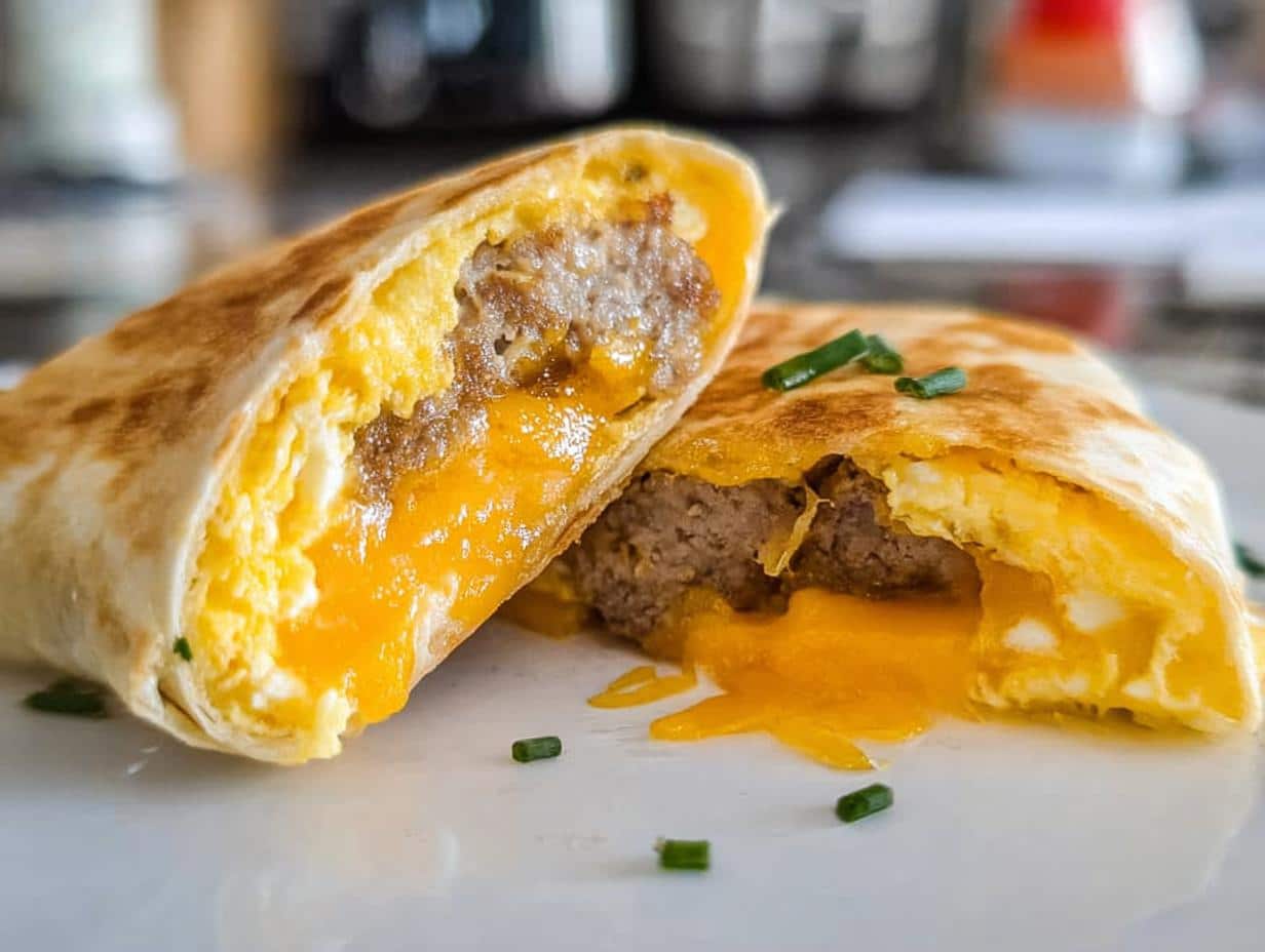 Cross-section of a Keto Egg & Cheese Breakfast Wrap showing melted cheese, scrambled eggs, and sausage filling.