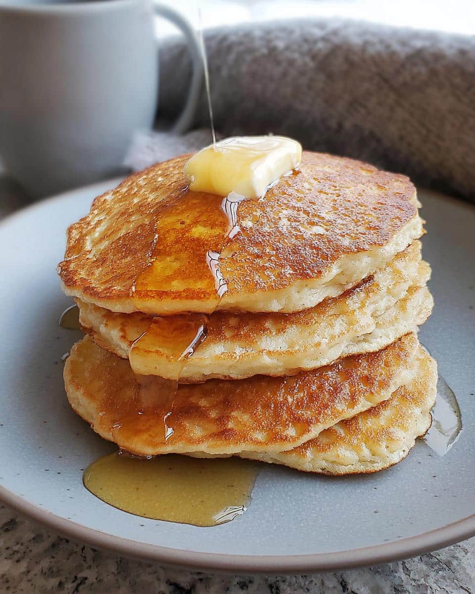 A tall stack of golden Keto Pancakes with Almond Flour topped with melting butter and drizzled with syrup.