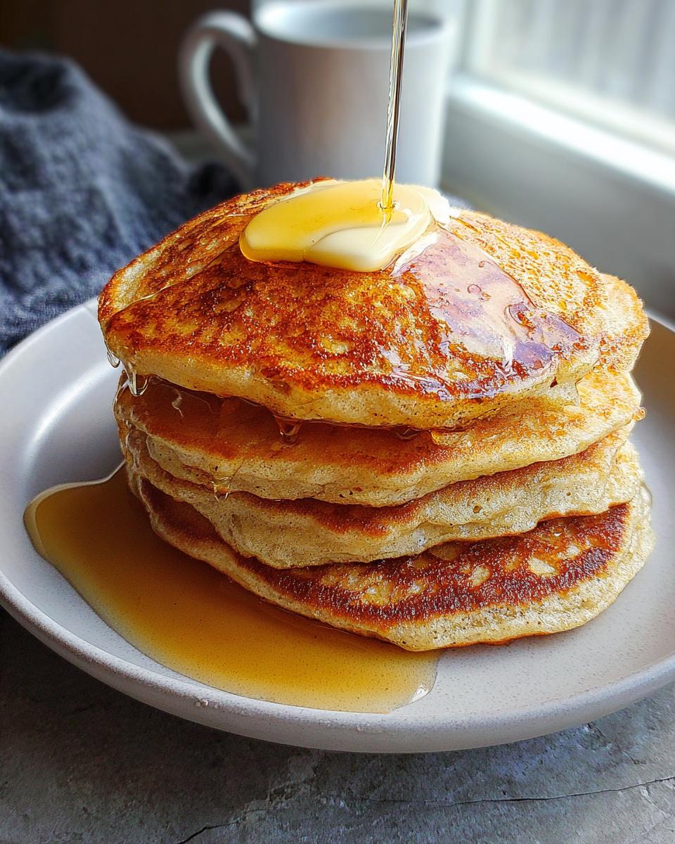 A tall stack of golden brown Keto Pancakes with Almond Flour topped with melting butter and syrup being poured.