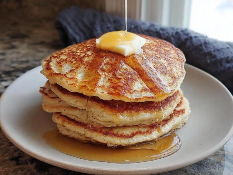 A stack of three golden Keto Pancakes with Almond Flour topped with melting butter and drizzled with syrup.