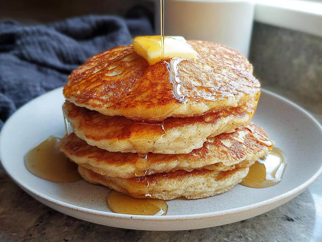A tall stack of golden brown Keto Pancakes with Almond Flour topped with butter and syrup being poured over them.