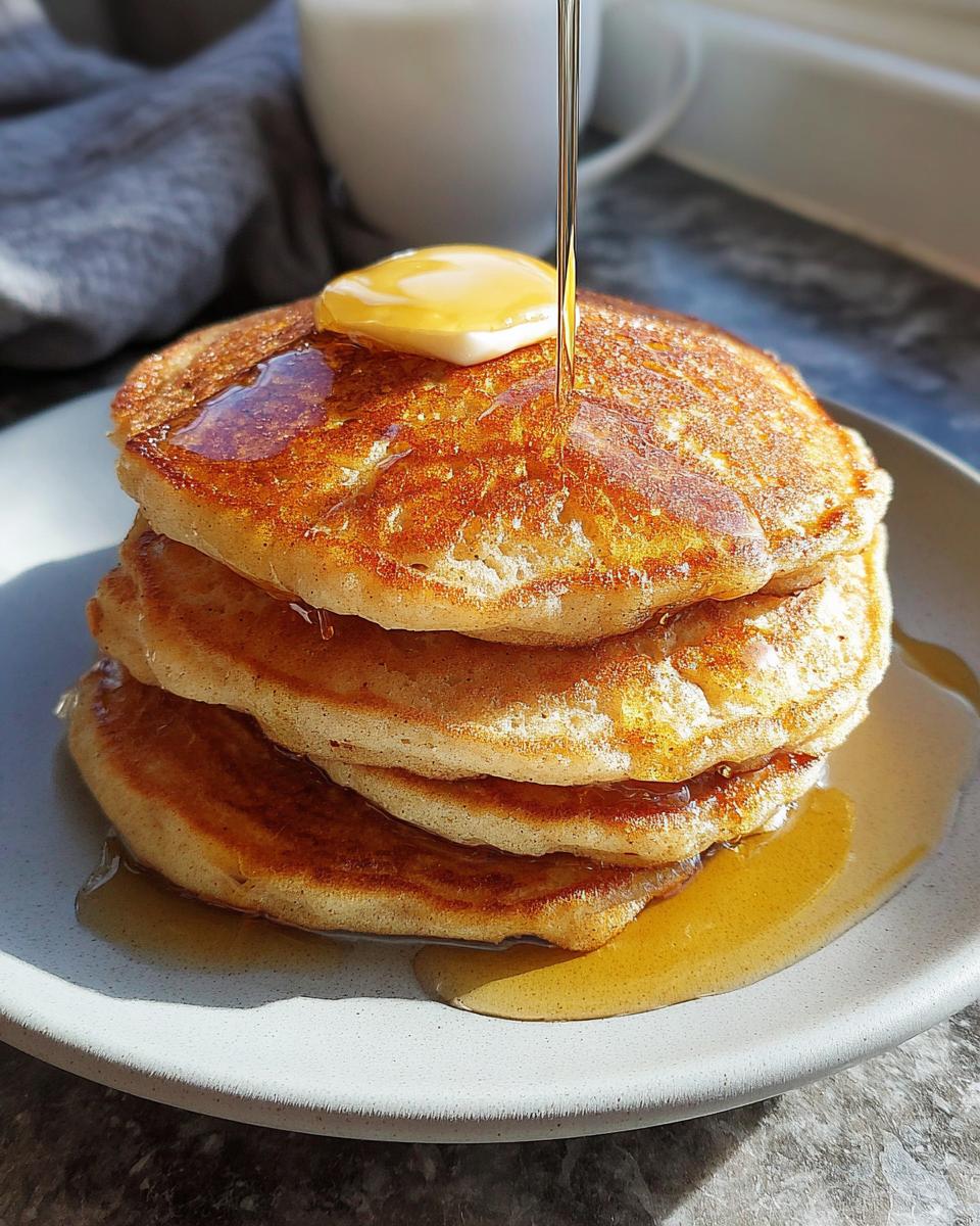 A tall stack of golden brown Keto Pancakes with Almond Flour topped with melting butter and syrup being poured on top.
