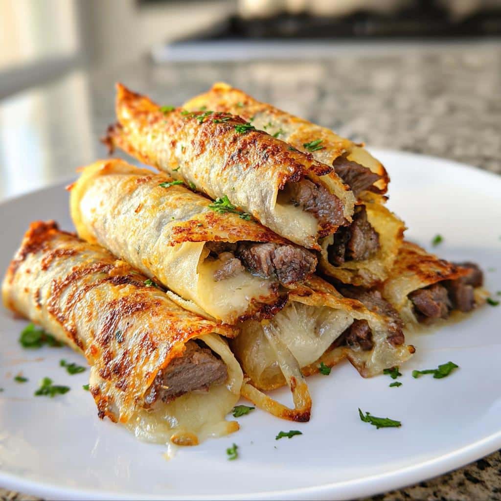 A stack of golden, cheesy Keto Philly Cheesesteak Roll Ups filled with steak and melted cheese, garnished with parsley.