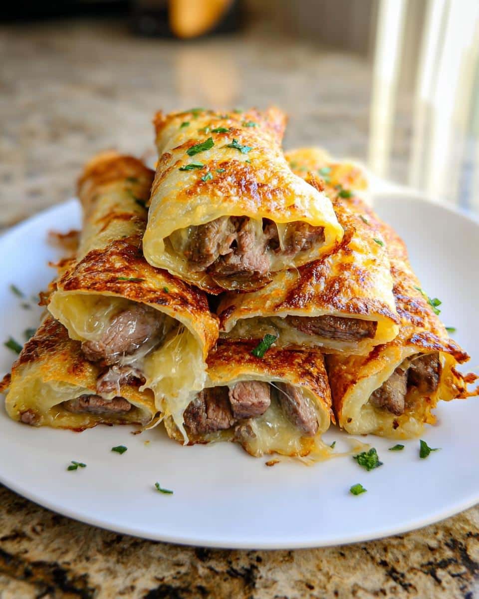 Stack of golden, cheesy Keto Philly Cheesesteak Roll Ups filled with steak and melted cheese, garnished with parsley.