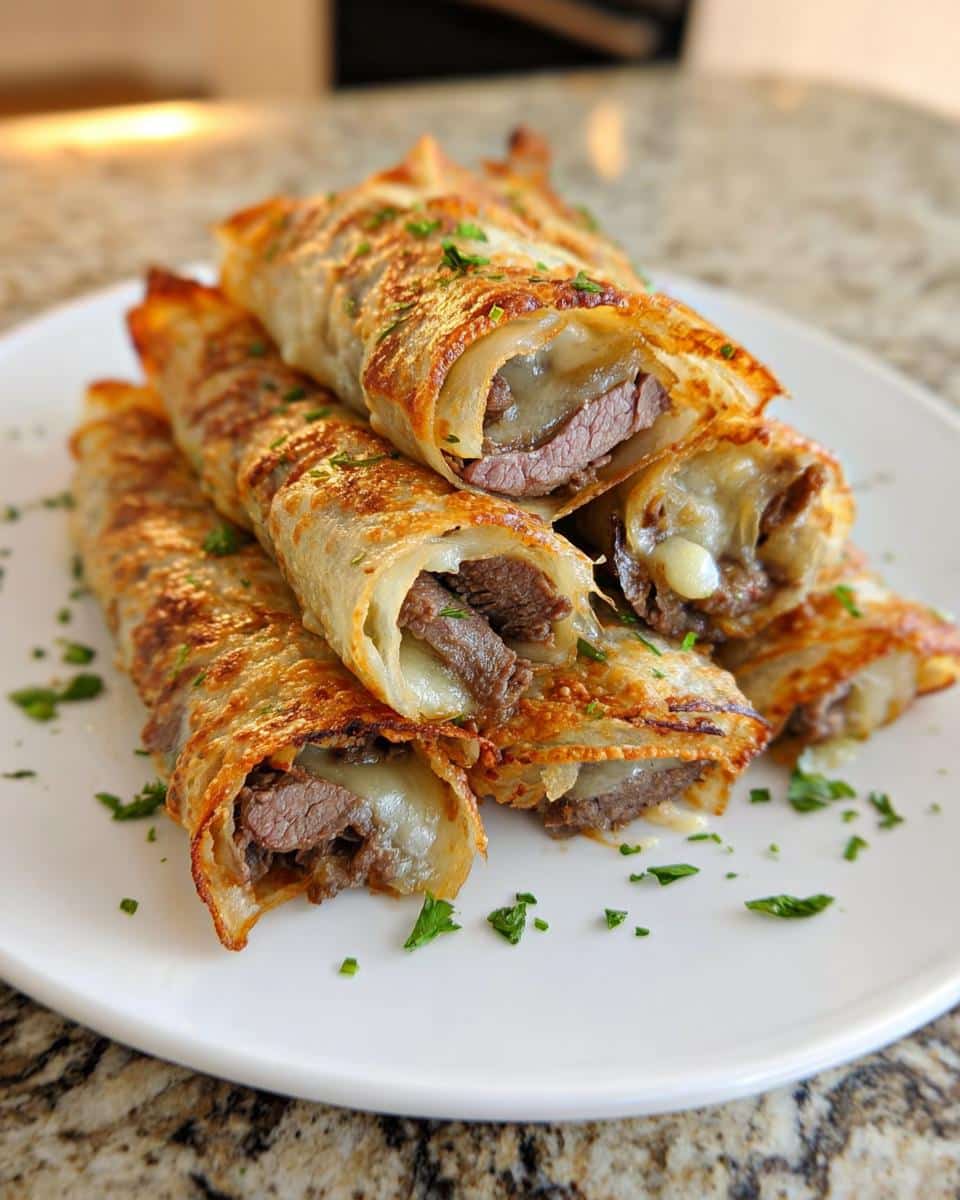 Stack of golden brown Keto Philly Cheesesteak Roll Ups filled with steak and melted cheese, garnished with parsley.
