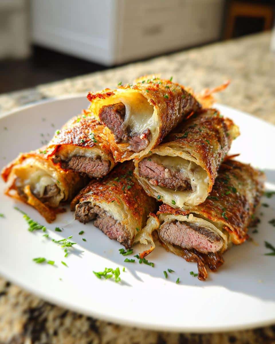 A stack of crispy Keto Philly Cheesesteak Roll Ups filled with sliced steak and melted cheese, garnished with chives.