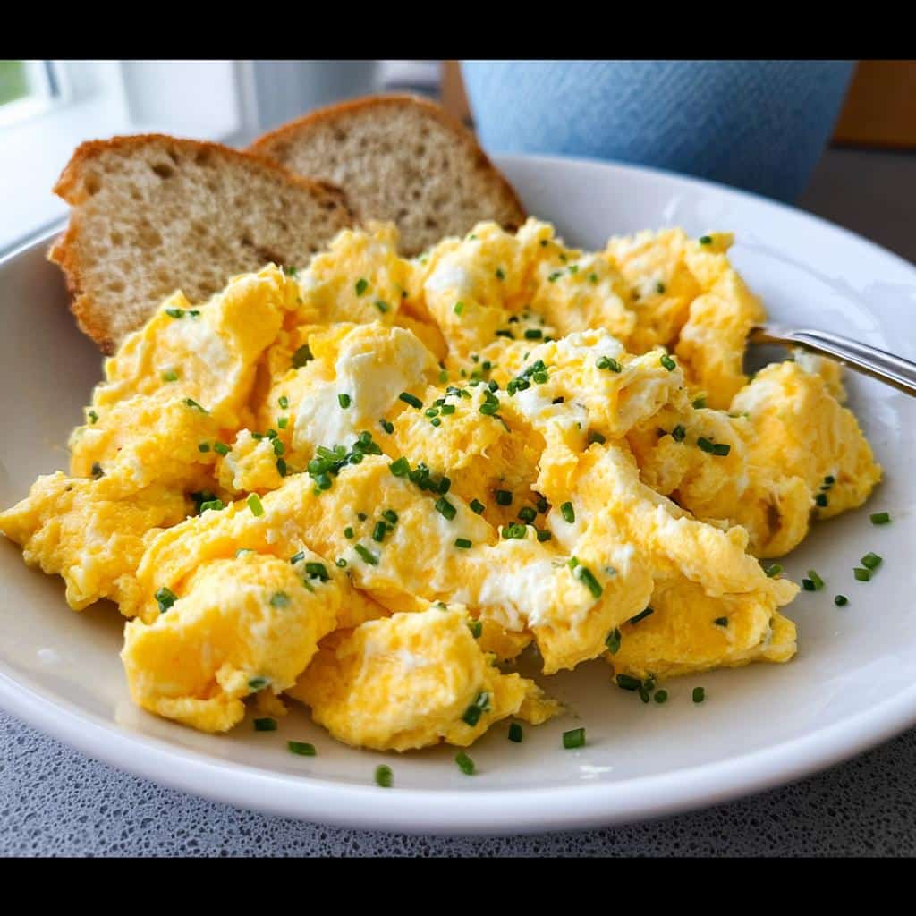 Fluffy Keto Scrambled Eggs with Cream Cheese chunks and fresh chives, served with toast.