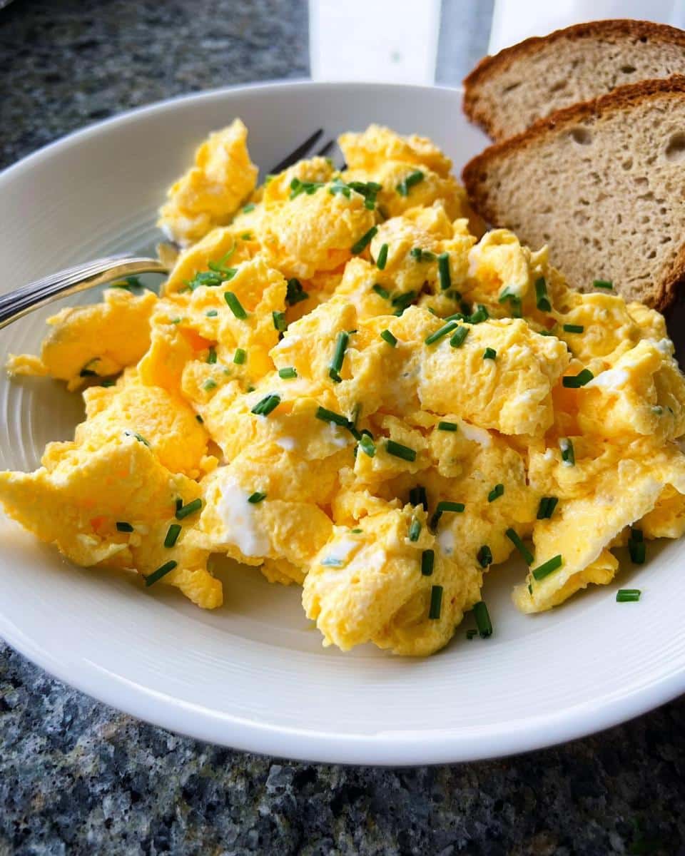 Fluffy Keto Scrambled Eggs with Cream Cheese swirled in, topped with fresh chives, served with toast.