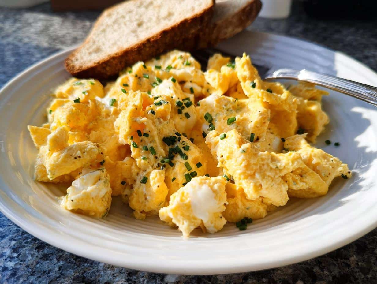 A plate of fluffy Keto Scrambled Eggs with Cream Cheese, topped with fresh chives and served with two slices of toast.