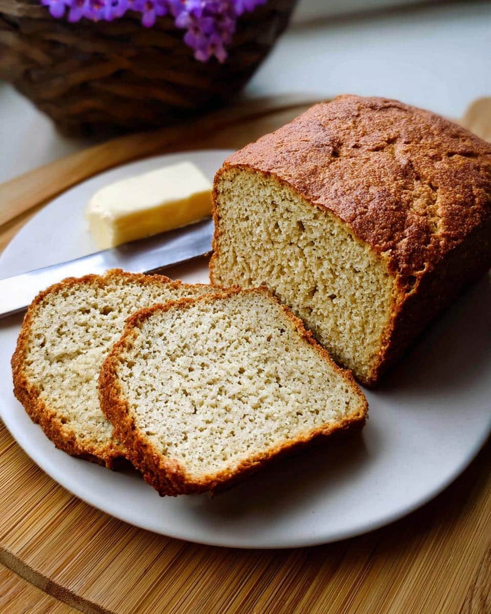 A loaf of freshly baked Keto Toast Bread, partially sliced, served on a plate with a pat of butter.