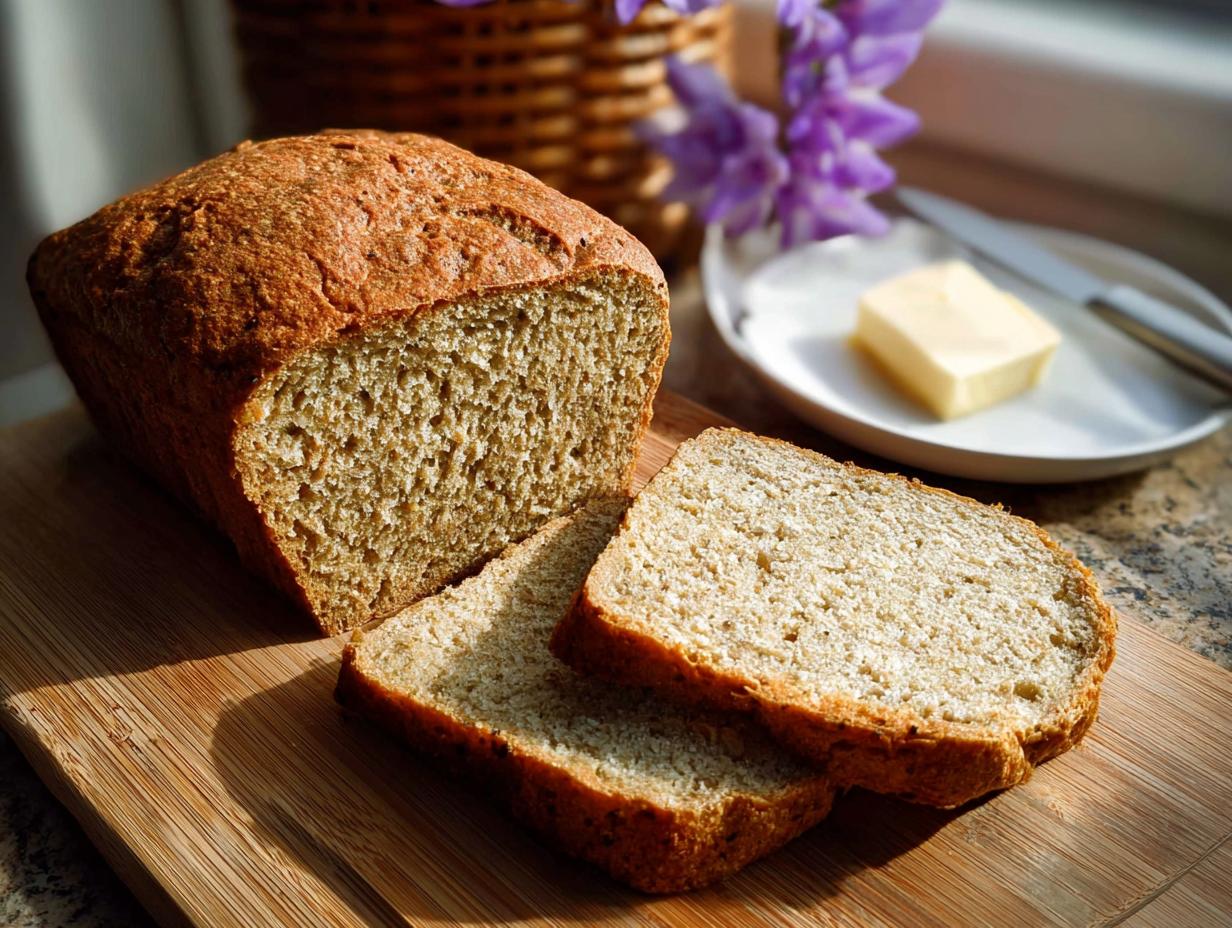A loaf of freshly baked Keto Toast Bread, partially sliced, resting on a wooden cutting board.