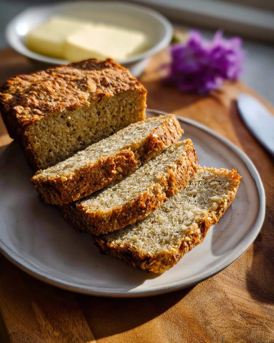 A loaf of freshly baked Keto Toast Bread, partially sliced, served on a plate with butter in the background.