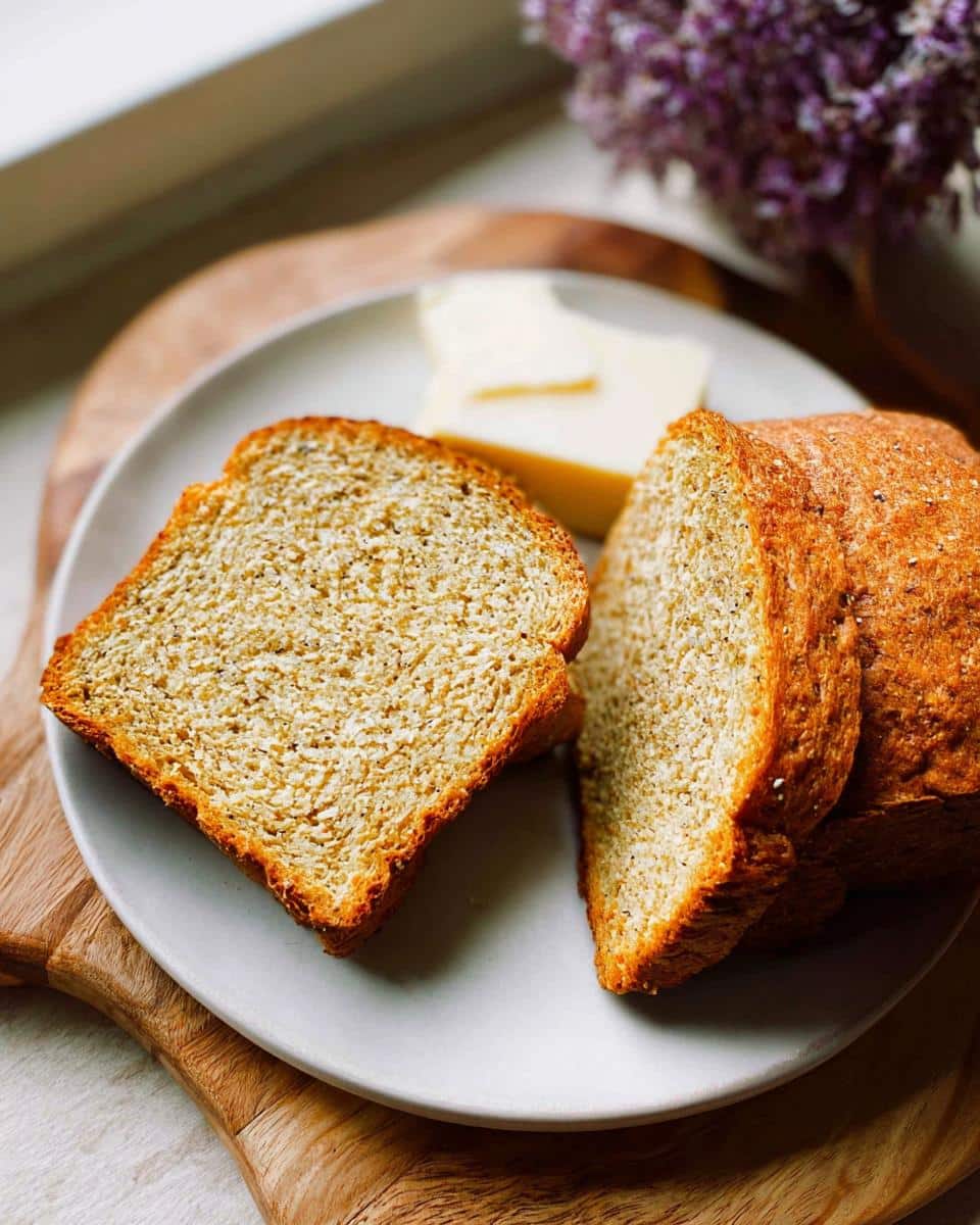 Two slices of golden brown Keto Toast Bread served on a plate next to a pat of butter.