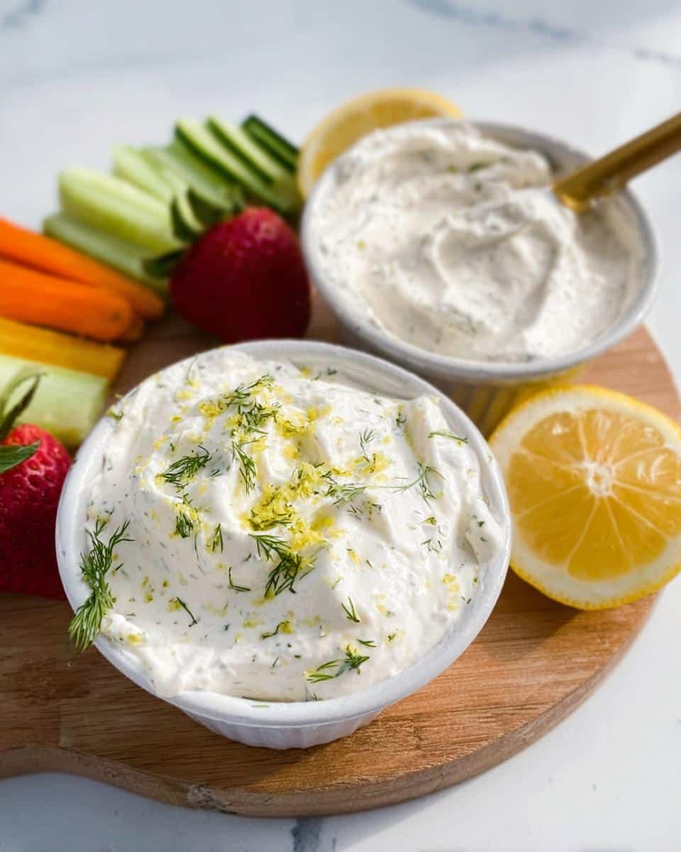 Two bowls of creamy Greek Yogurt Snack Cups dip garnished with lemon zest and dill, served with vegetable sticks and strawberries.