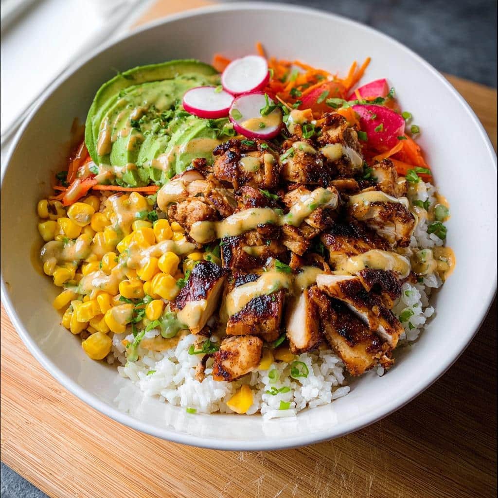 Close-up of a Light Chicken & Rice Bowl topped with grilled chicken, avocado, corn, and creamy dressing.