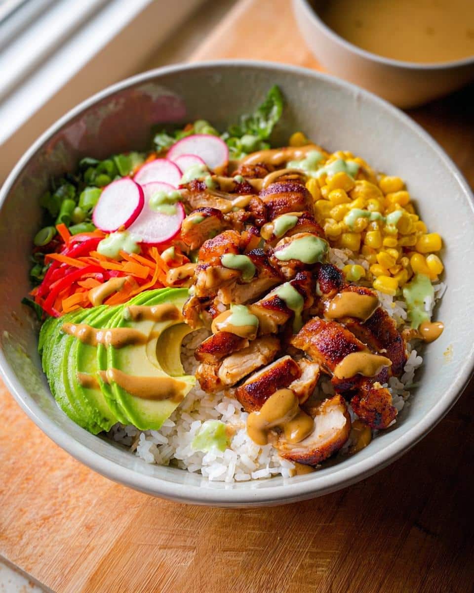 A vibrant Light Chicken & Rice Bowl featuring grilled chicken, white rice, avocado slices, corn, and radishes, drizzled with two sauces.