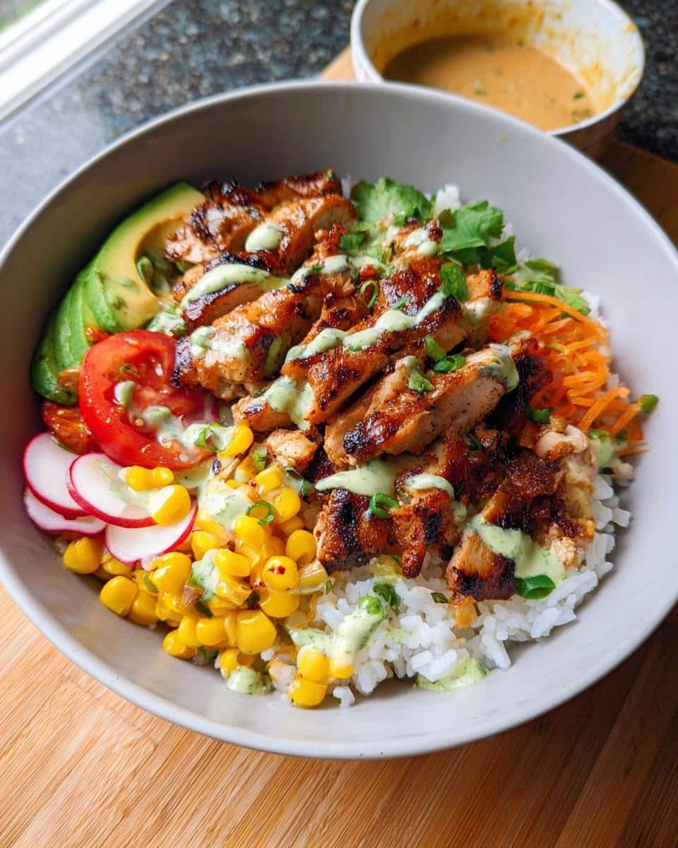 A vibrant Light Chicken & Rice Bowl featuring grilled chicken slices, white rice, corn, avocado, and a green drizzle.