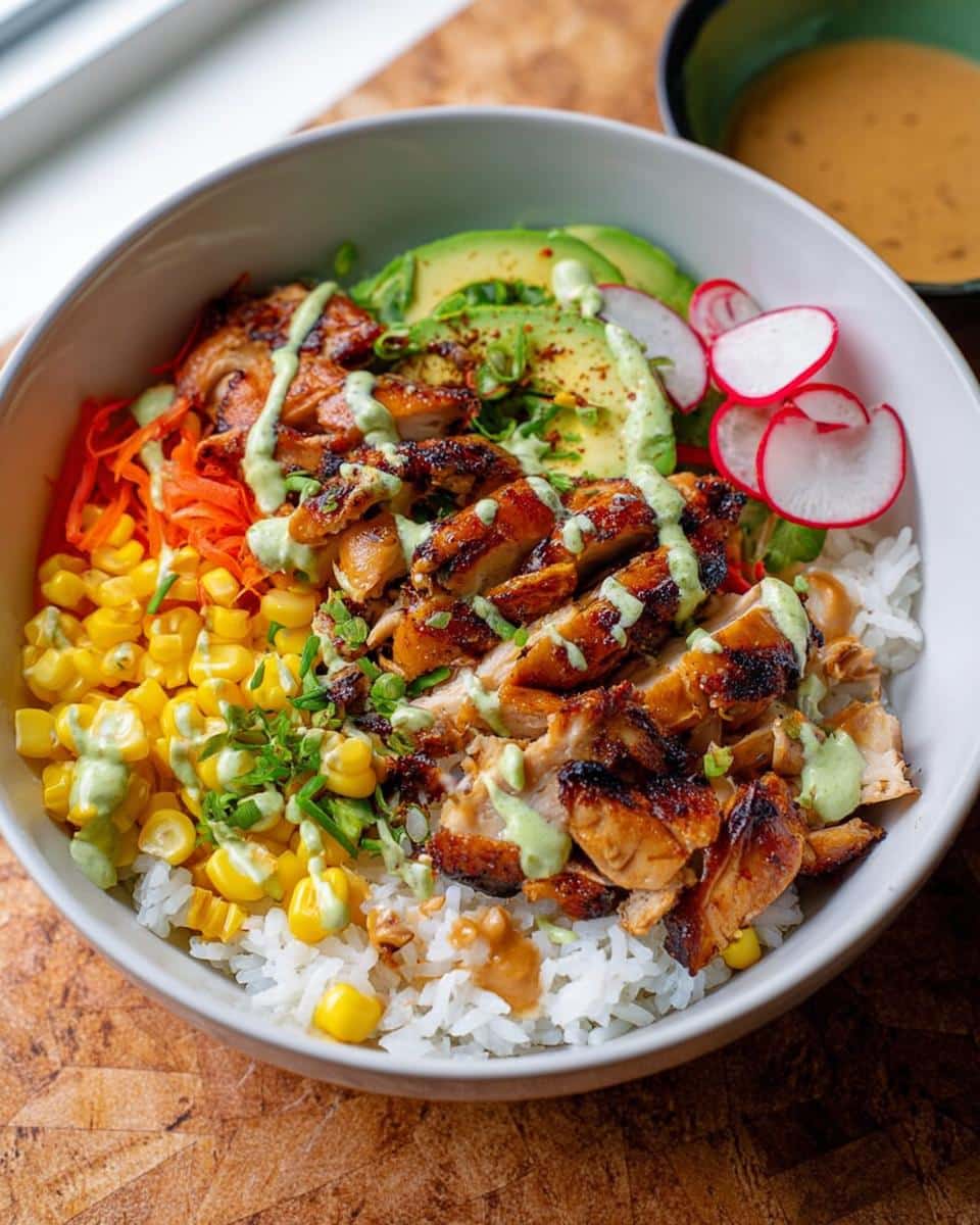 Close-up of a Light Chicken & Rice Bowl featuring grilled chicken, white rice, corn, avocado, and radishes with green sauce.