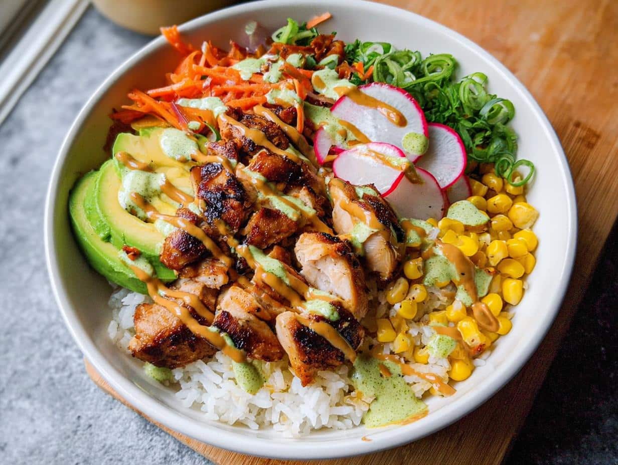 A vibrant Light Chicken & Rice Bowl featuring grilled chicken, avocado, corn, radishes, and drizzled with two sauces.
