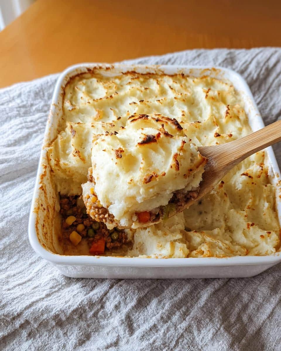 A wooden spoon lifts a scoop of mashed potato topping from a baking dish of Light Shepherd’s Pie.
