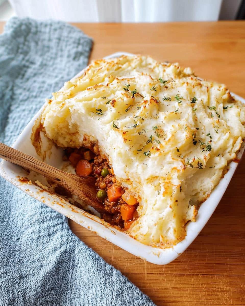 A scoop being taken out of a white baking dish containing Light Shepherd’s Pie with a thick mashed potato topping.