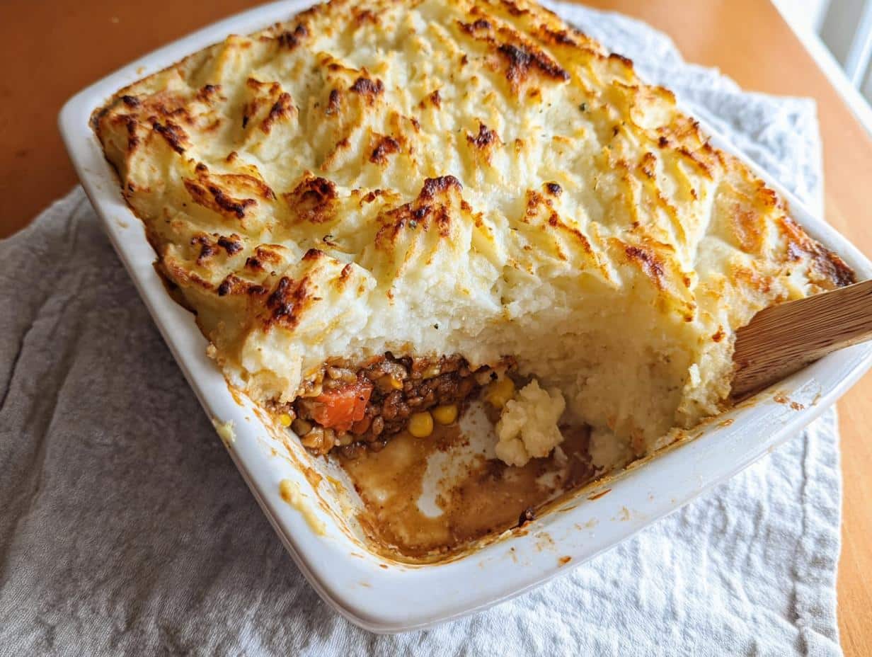 A portion scooped out of a Light Shepherd’s Pie showing the browned mashed potato topping and rich filling below.