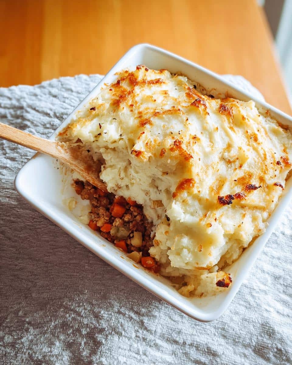 A scoop being taken out of a freshly baked Light Shepherd’s Pie in a white square dish.