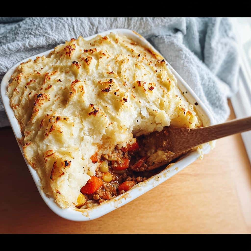 A square white baking dish filled with Light Shepherd’s Pie, showing a scoop being taken out with a wooden spoon.