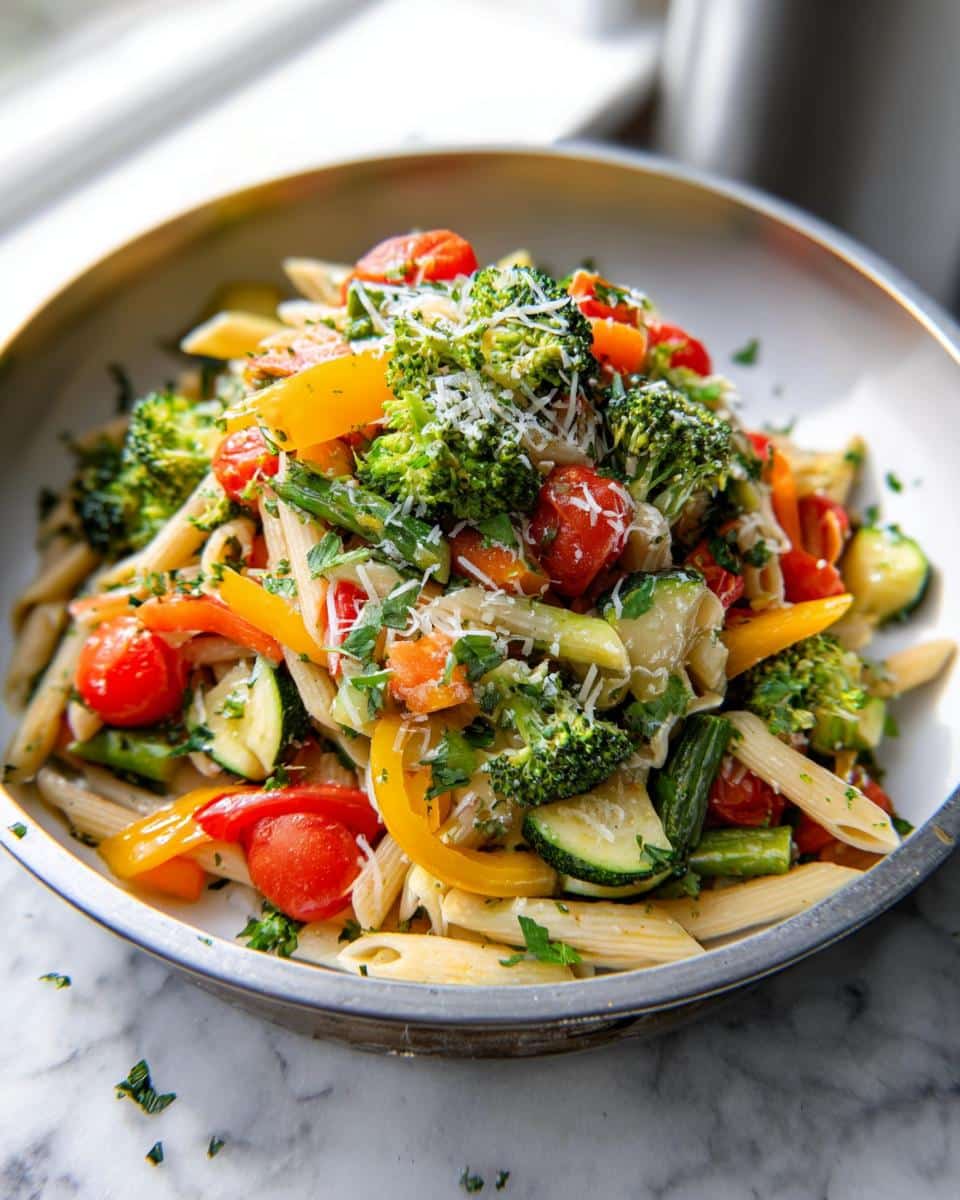 Close-up of a bowl of Low-Calorie Pasta Primavera featuring penne, broccoli, zucchini, peppers, and tomatoes.