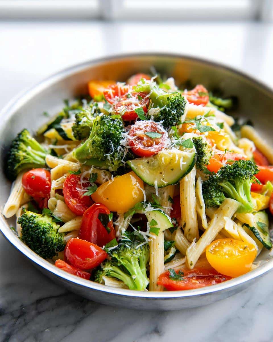 Close-up of a bowl filled with Low-Calorie Pasta Primavera featuring penne, broccoli, zucchini, and cherry tomatoes.