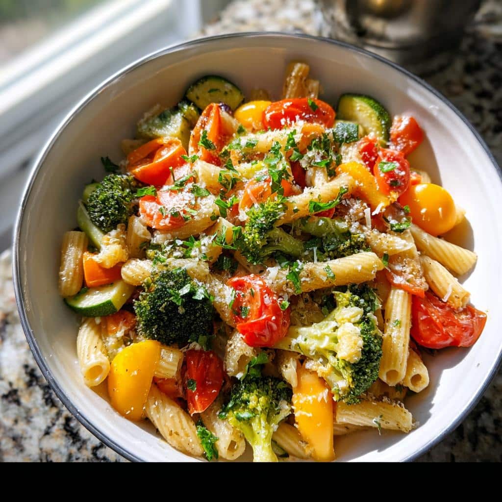 A vibrant bowl of Low-Calorie Pasta Primavera featuring penne pasta, broccoli, zucchini, and cherry tomatoes, topped with Parmesan.