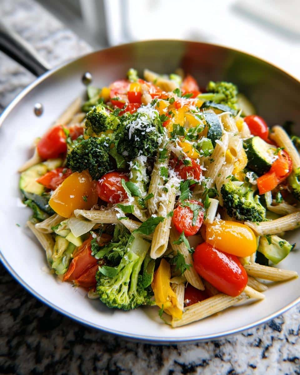 Close-up of colorful Low-Calorie Pasta Primavera featuring penne, broccoli, zucchini, and cherry tomatoes, topped with cheese.