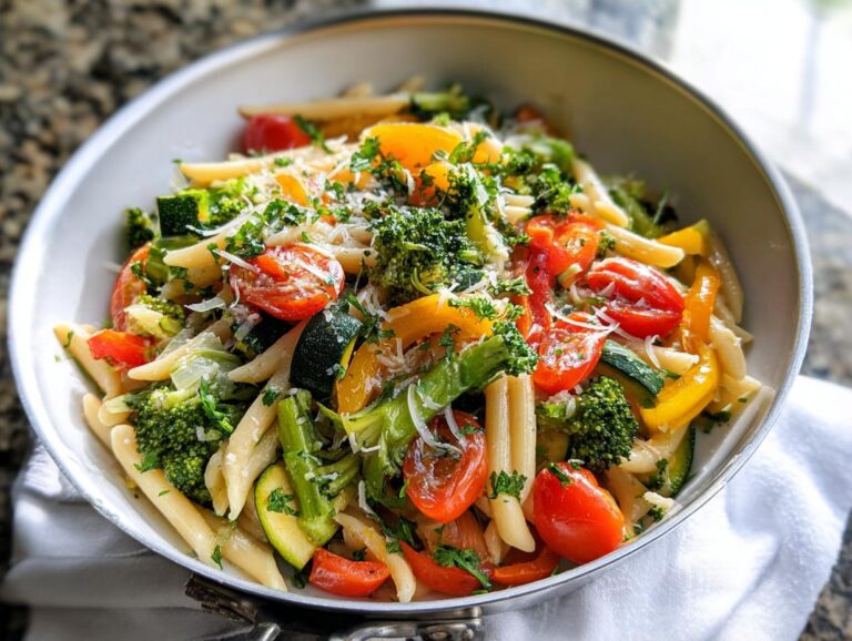 Close-up of colorful Low-Calorie Pasta Primavera with broccoli, zucchini, and cherry tomatoes in a white skillet.
