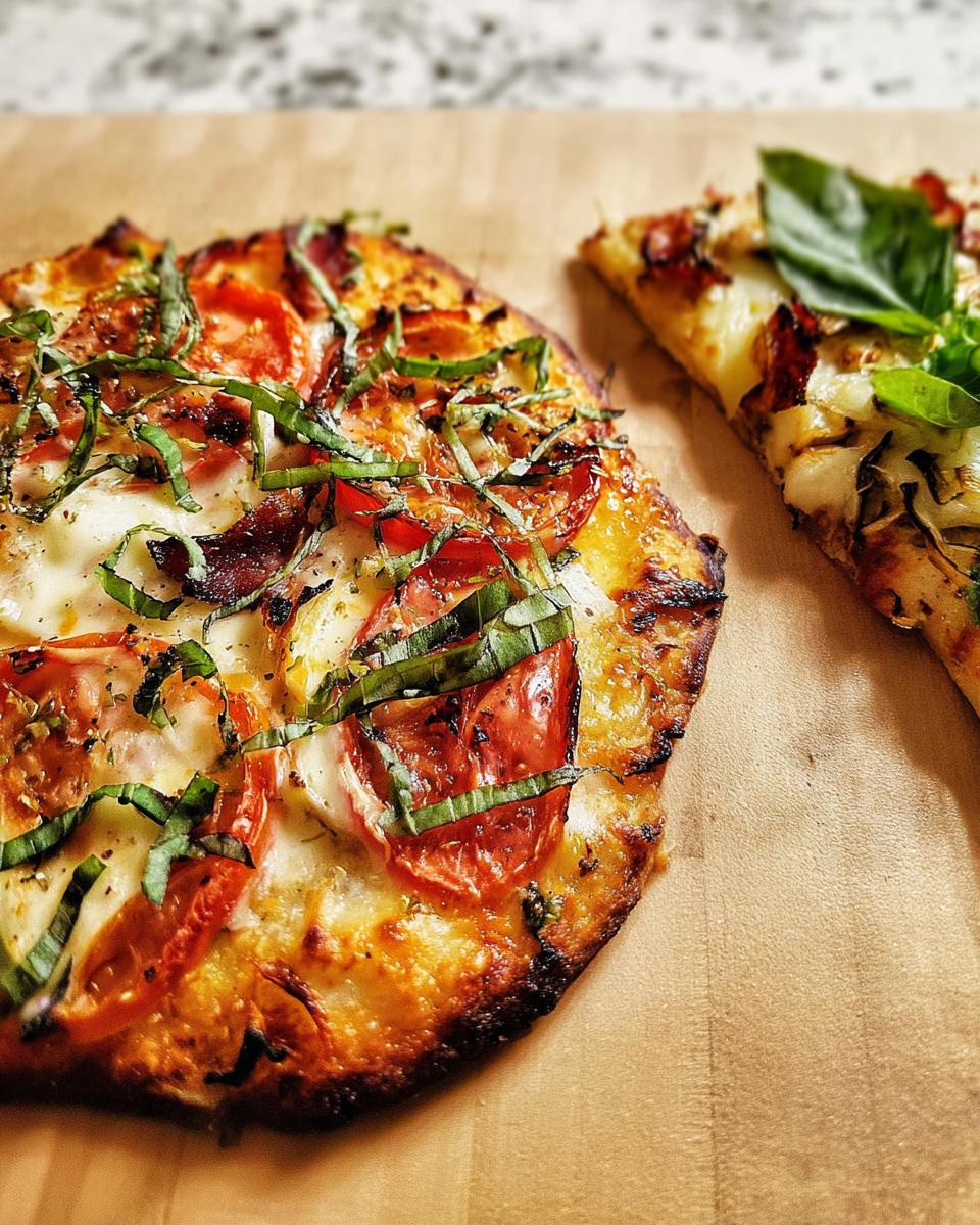Close-up of a freshly baked Flatbread Pizza topped with melted mozzarella, sliced tomatoes, and fresh basil.