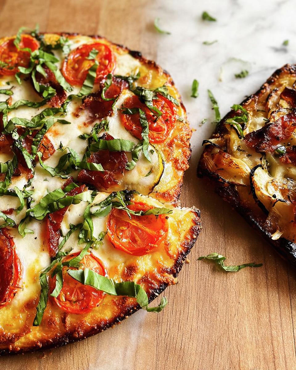 Two small, crispy Flatbread Pizza halves topped with melted mozzarella, sliced tomatoes, and fresh basil.