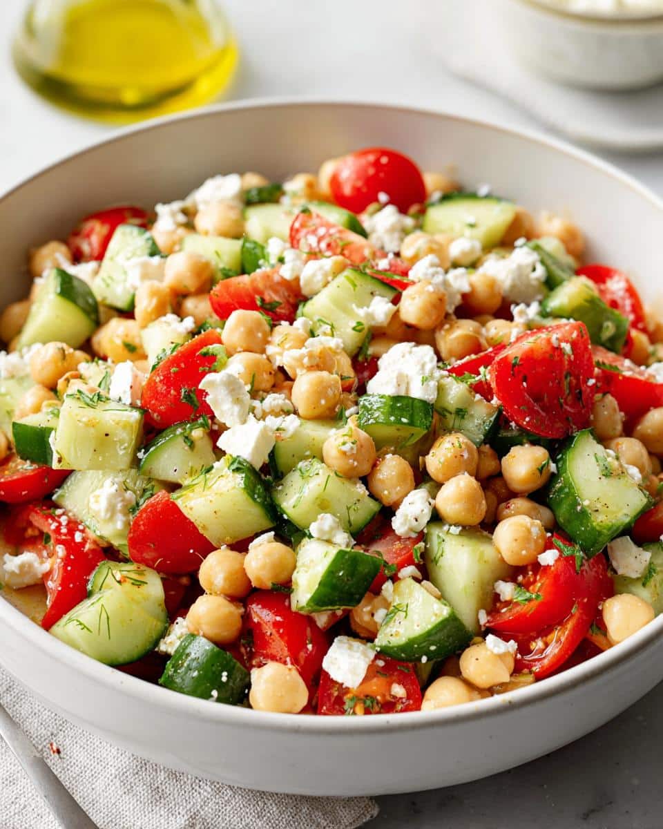 Close-up of a vibrant Mediterranean Chickpea Cucumber Salad with feta cheese and tomatoes in a white bowl.
