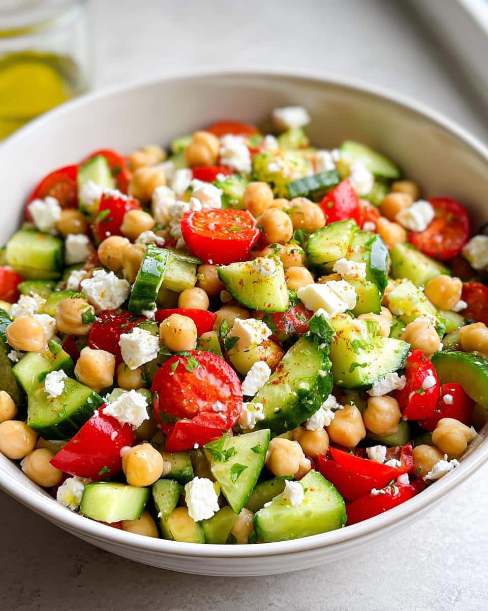 Close-up of a bowl filled with Mediterranean Chickpea Cucumber Salad featuring chickpeas, tomatoes, cucumbers, and feta.