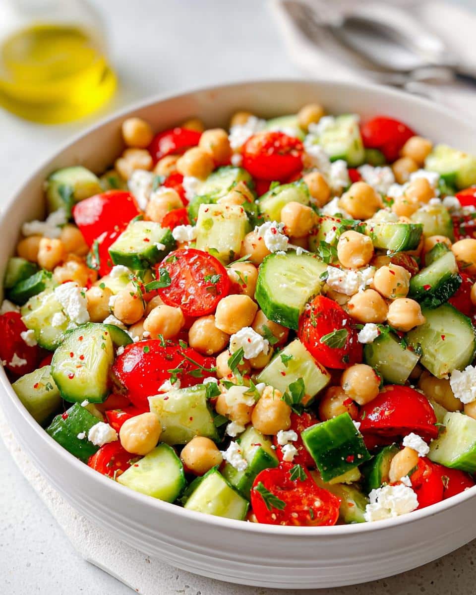 Close-up of a fresh Mediterranean Chickpea Cucumber Salad with tomatoes, feta, and herbs in a white bowl.