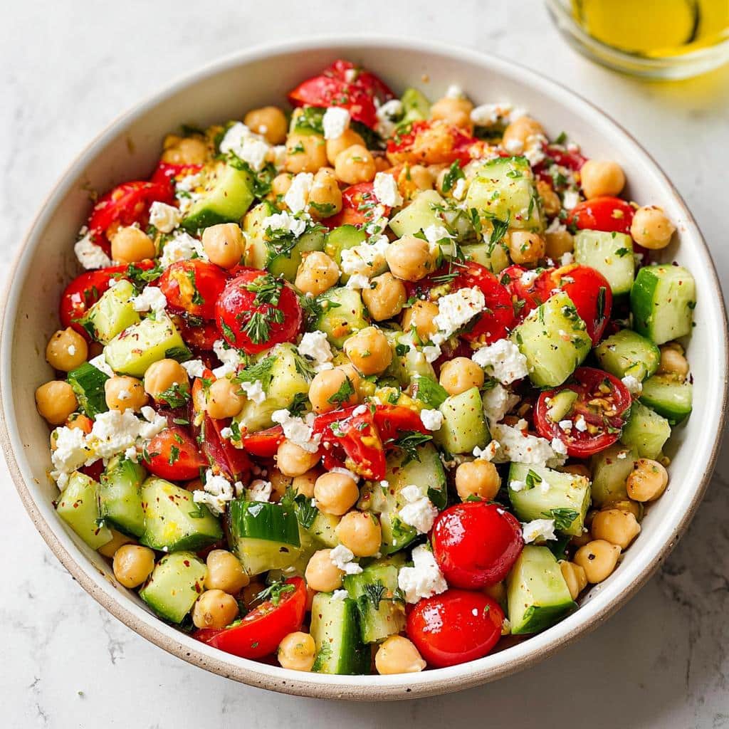 Close-up of a colorful Mediterranean Chickpea Cucumber Salad featuring chickpeas, chopped cucumber, cherry tomatoes, and feta.