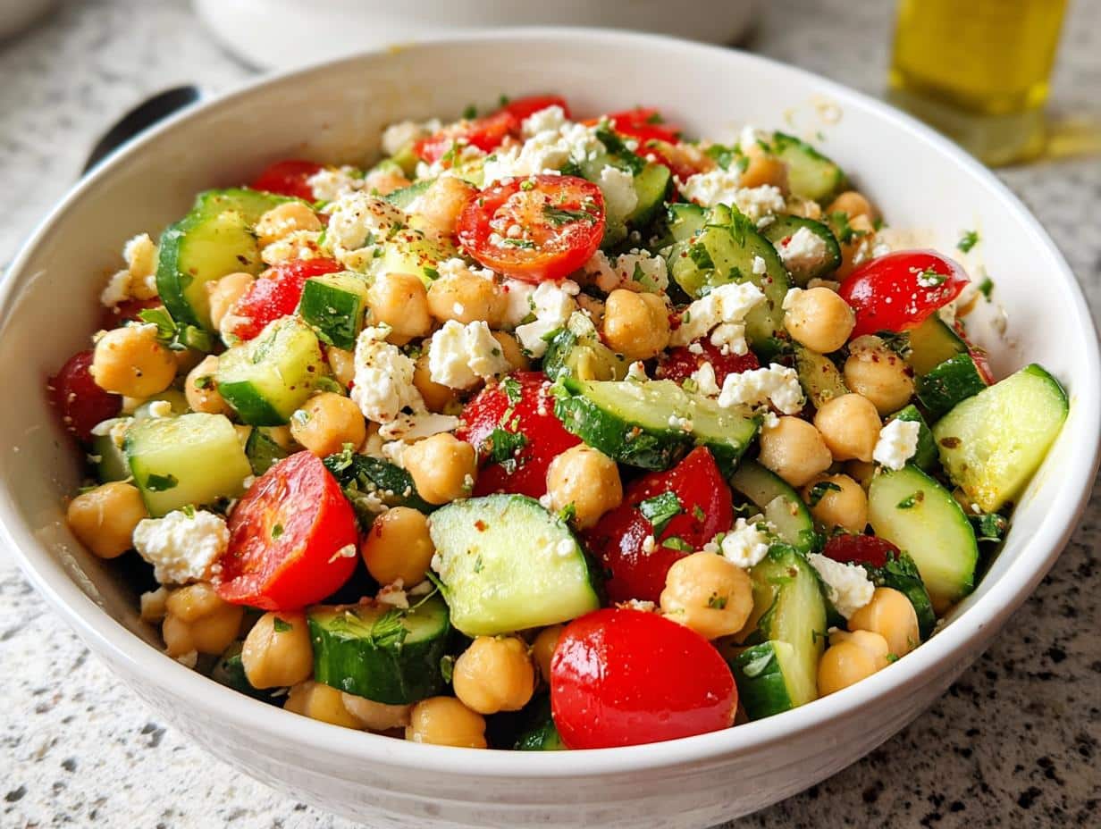 Close-up of a vibrant Mediterranean Chickpea Cucumber Salad featuring chickpeas, chopped cucumbers, tomatoes, and feta cheese.