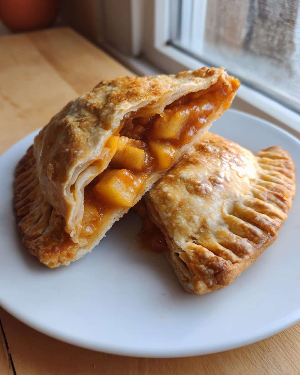 Close-up of a Mini Apple-Cheddar Hand Pie cut in half, showing the chunky apple filling inside the flaky crust.
