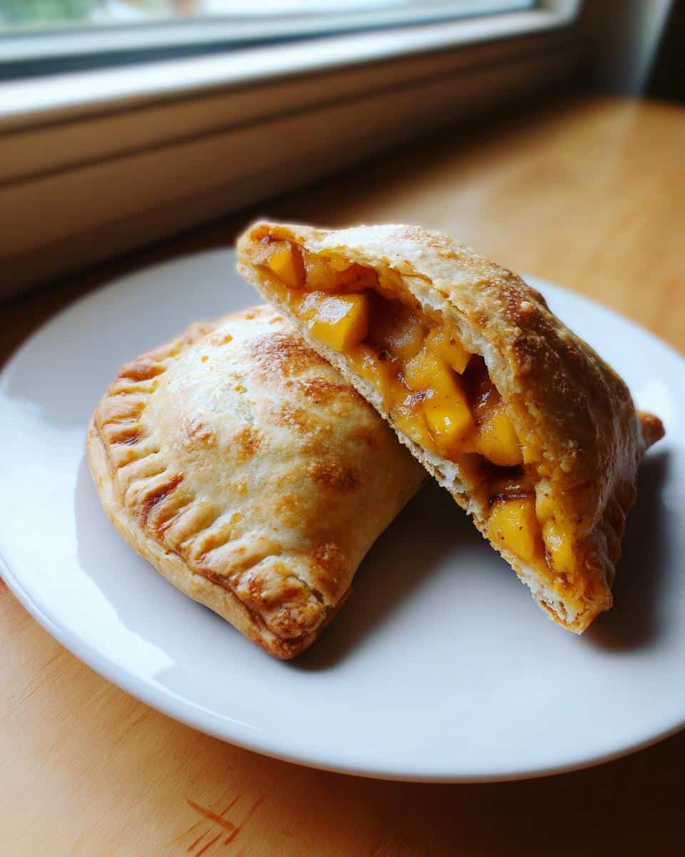 Two golden-brown Mini Apple-Cheddar Hand Pies on a white plate, one cut in half revealing a chunky apple filling.